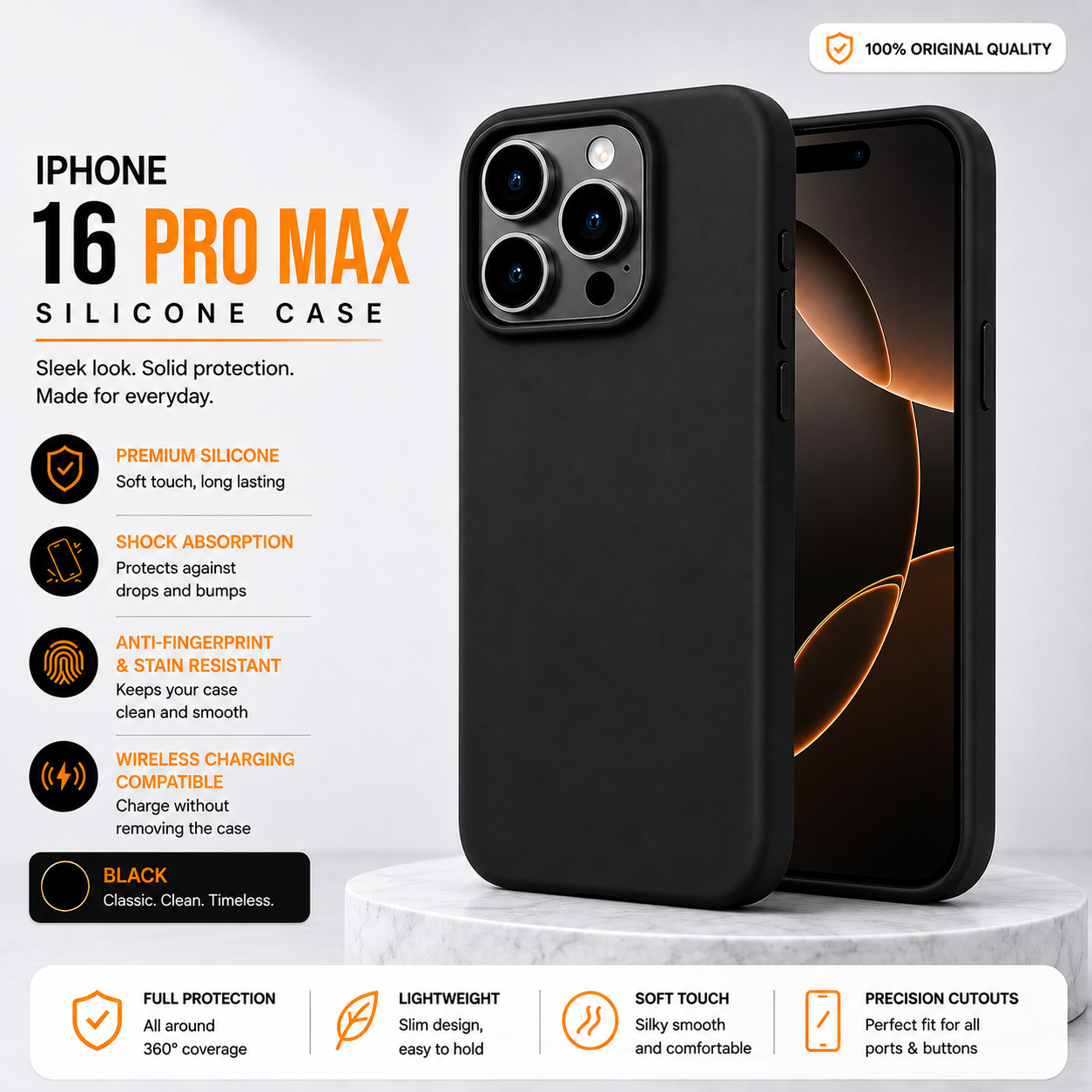 iPhone 16 Pro Max Matte Black Silicone Case